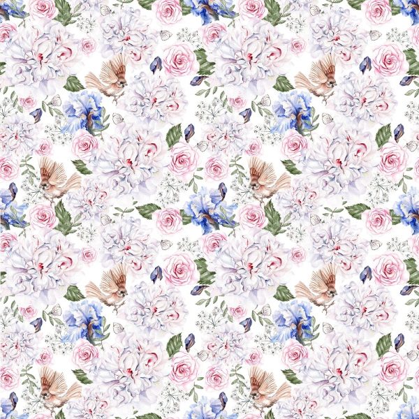 Elegant Birds With Irises And Roses Fabric Fashion
