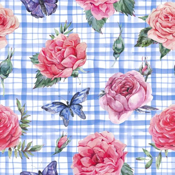Hand Drawn Checkered Floral Fabric - Blue Discount