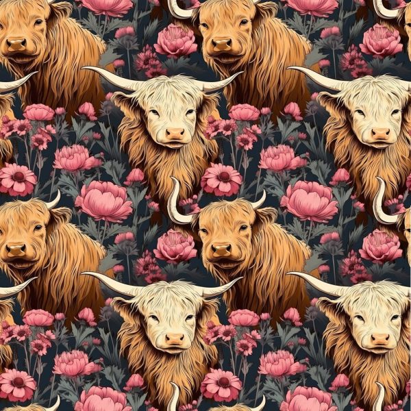 Floral Highland Cows Pattern #12 Fabric For Discount