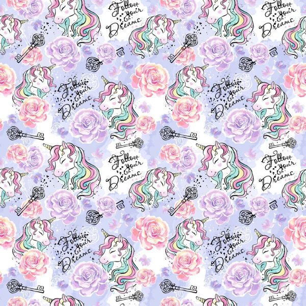 Unicorns Allover Follow Your Dreams Fabric - Lilac Sale