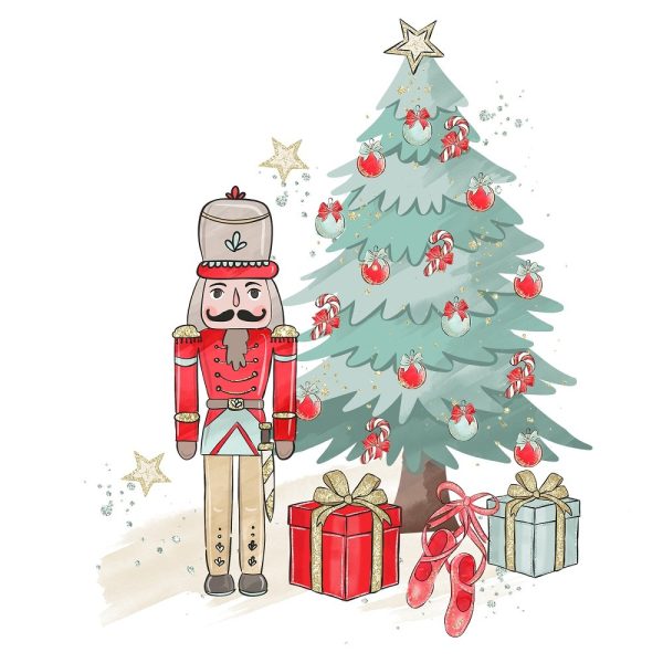 Elegant Nutcracker Next to Christmas Tree Fabric Panel - Red For Cheap