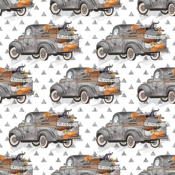 Vintage Trick or Treat Trucks on White Fabric Online Hot Sale