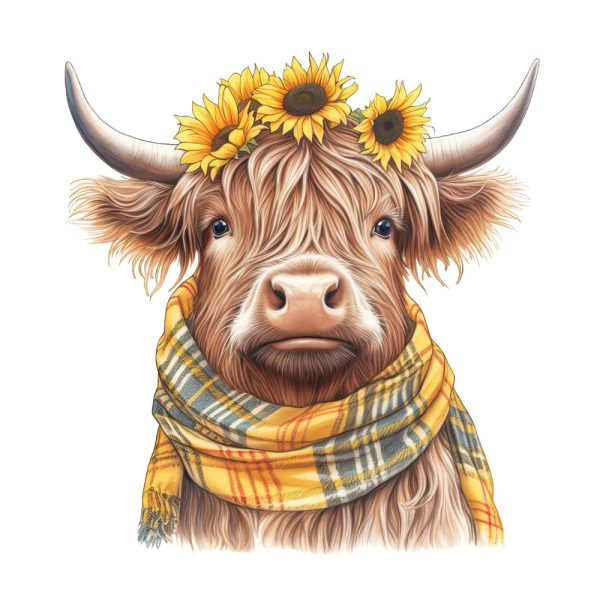 Highland Cow, Scarf, & Flowers #2 Fabric Panel Online now