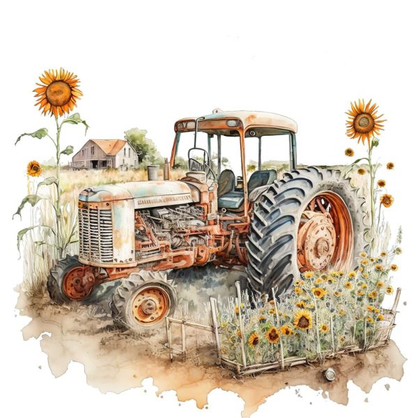 Vintage Tractor & Sunflowers #4 Fabric Panel on Sale