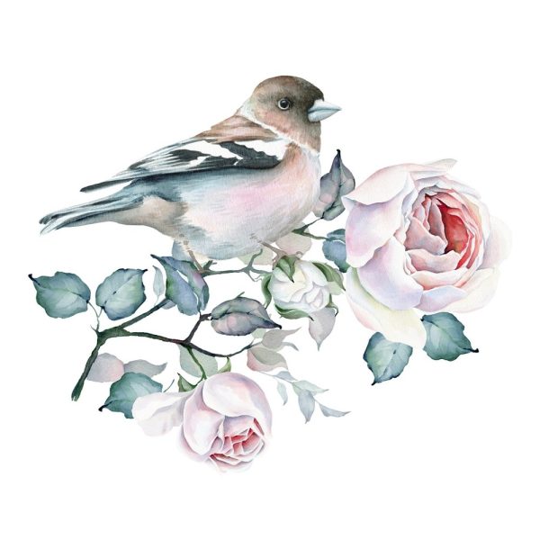 Watercolor Bird Perched on Rose Bouquet Fabric Panel Discount