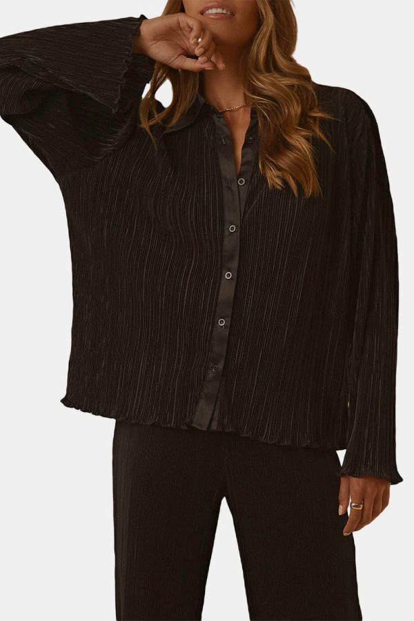 Hazel Blues® |  Textured Button Up Collared Neck Top and Pants Set Hot on Sale - Image 2